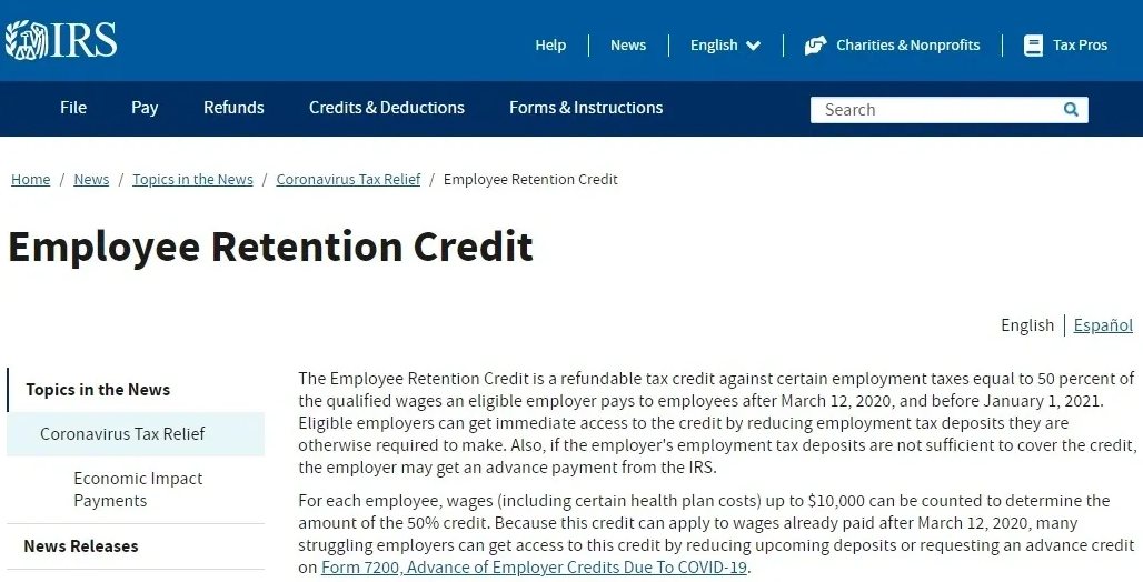 Practice Compliance Solutions displaying the IRS Employee Retention tax Credit